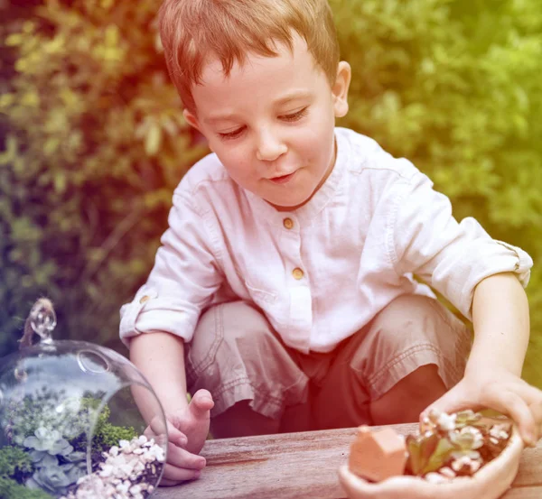 Niño jugando con tierra y plantas —  Fotos de Stock
