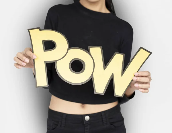 Mujer sosteniendo papel palabra pow —  Fotos de Stock