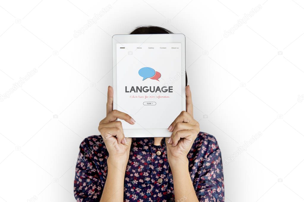 woman holding digital tablet covering face