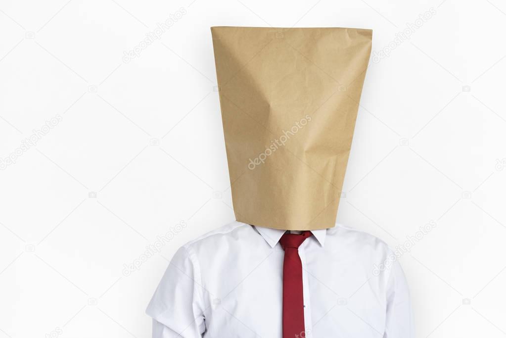 Man with Paper Bag Cover Face