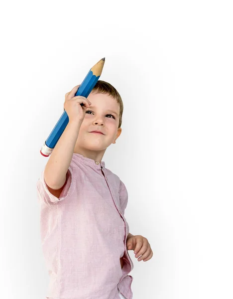 Jongen met groot potlood — Stockfoto