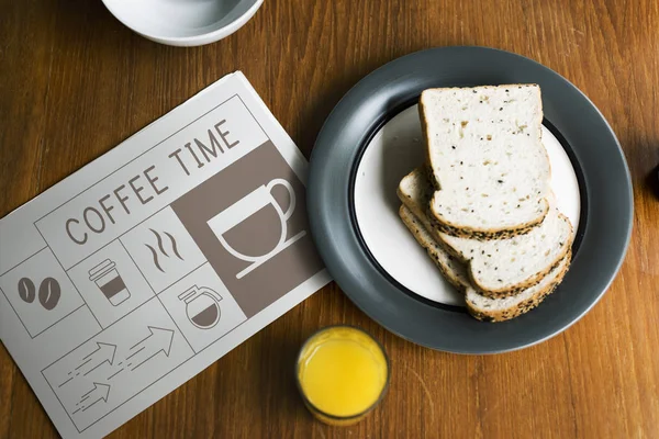 Café Manhã Mesa Com Suco Laranja Papel Com Texto Coffee — Fotografia de Stock