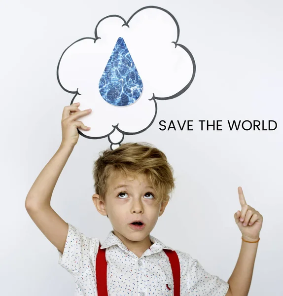 Kid holding papier tekstballon — Stockfoto