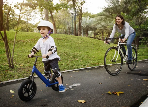 Little Boy His Mother Riding Bicycle Park Original Photoset — Stock Photo, Image