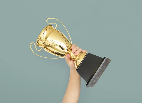 Hand holding golden trophy — Stock Photo, Image