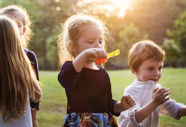 Crianças do jardim de infância jogando bolhas de sopro — Fotografia de Stock