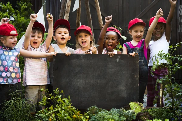 Crianças segurando quadro-negro em branco no jardim — Fotografia de Stock