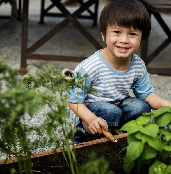 Niño en un jardín, experiencia e idea — Foto de Stock