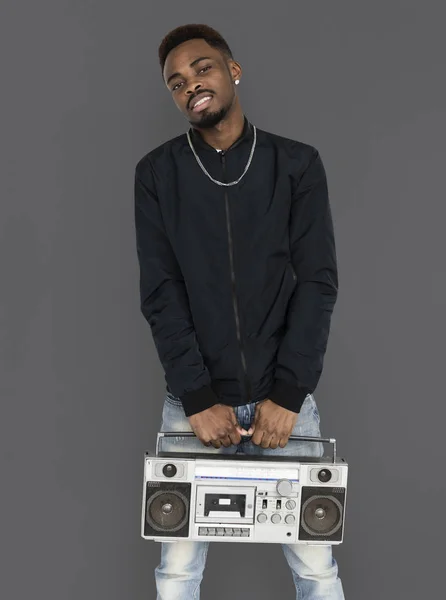 Man holding retro stereo system — Stock Photo, Image