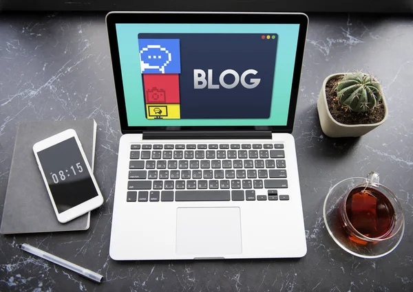 Opened Laptop computer on workplace table — Stock Photo, Image