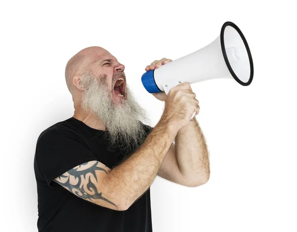 Muž křičí v megafon — Stock fotografie