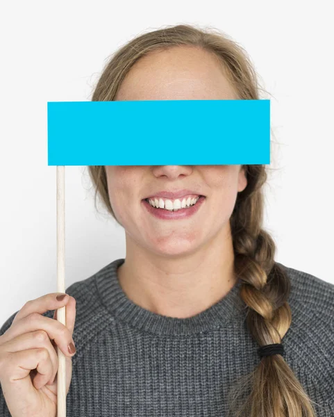 Vrouw voor ogen met banner — Stockfoto