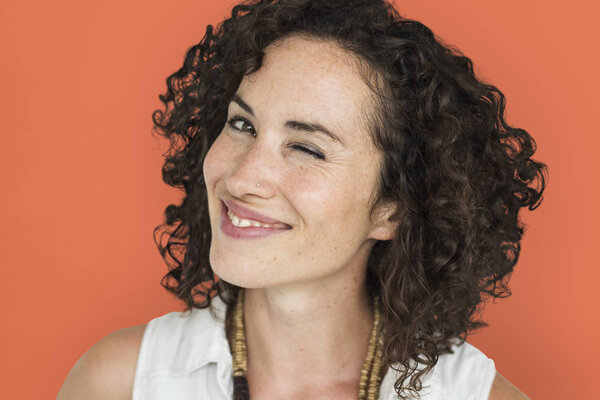 caucasian woman with short curly hair