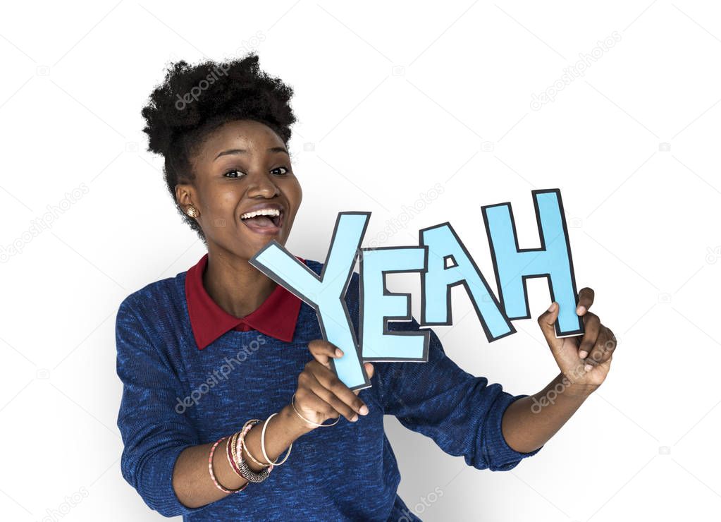 Woman Holding Yeah Word