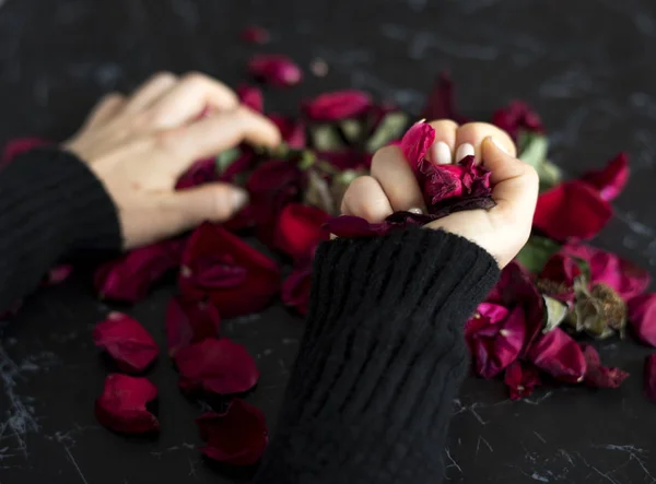 Vörös rózsás női kéz — Stock Fotó