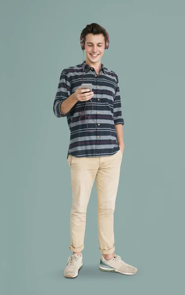 Man Smiling and using mobile — Stock Photo, Image