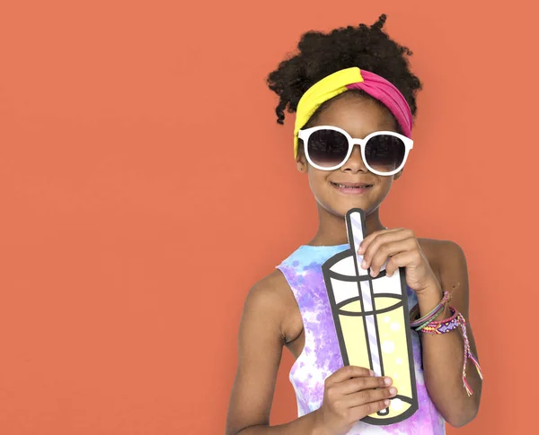 African Girl with paper craft cocktail — Stock Photo, Image