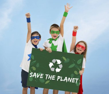 Superheroes kids holding poster clipart