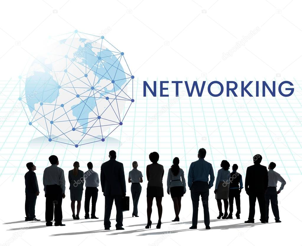 Group of successful business people talking, brainstorming at meeting and teamwork concept, graphic text: Networking