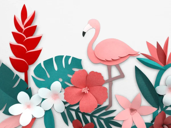 Bloemen en origami roze flamingo — Stockfoto