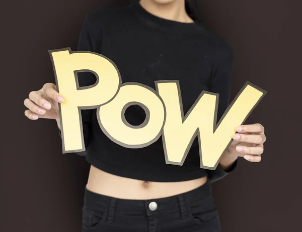 Mujer sosteniendo papel palabra pow —  Fotos de Stock