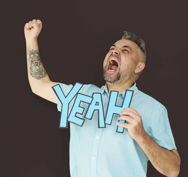 Homem gritando positivo com palavra Sim — Fotografia de Stock