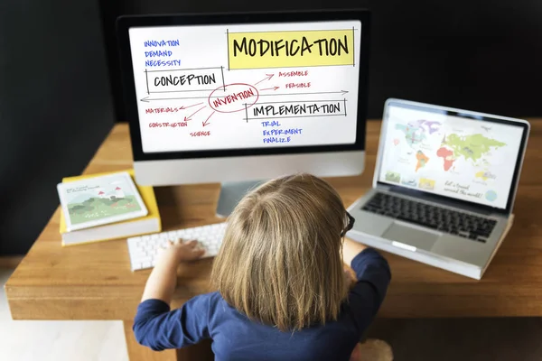 Little girl sitting at workplace table — Stock Photo, Image