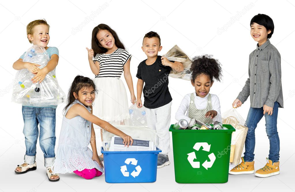 Diverse Group Of Kids Recycling Garbage, Studio Portrait