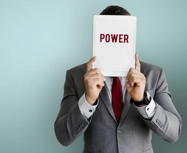 Business man covering face with digital tablet — Stock Photo, Image