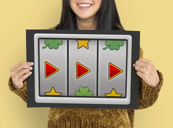 Woman smiling and holds placard — Stock Photo, Image