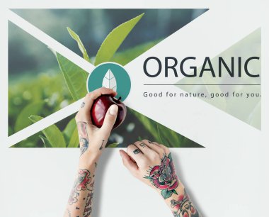 Dövmeli kişi holding elma. 