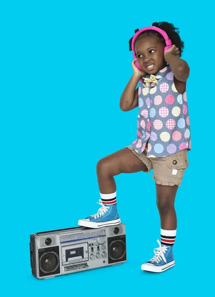 African Girl Listening Music in Headphones — Stock Photo, Image