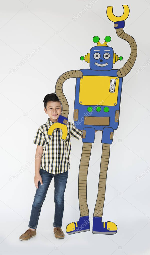 Boy with Paper Robot in the Studio