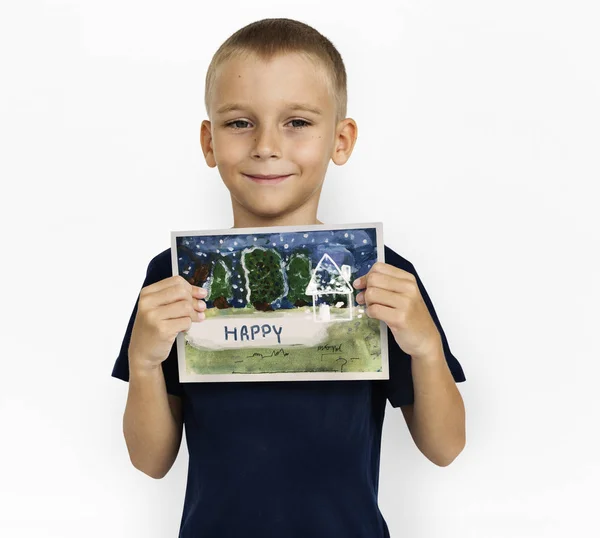 Boy holding placard — Stock Photo, Image