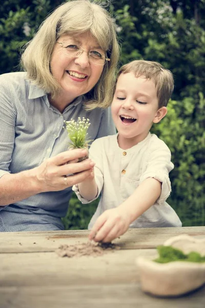 Nenek dan cucu penanaman di kebun — Stok Foto