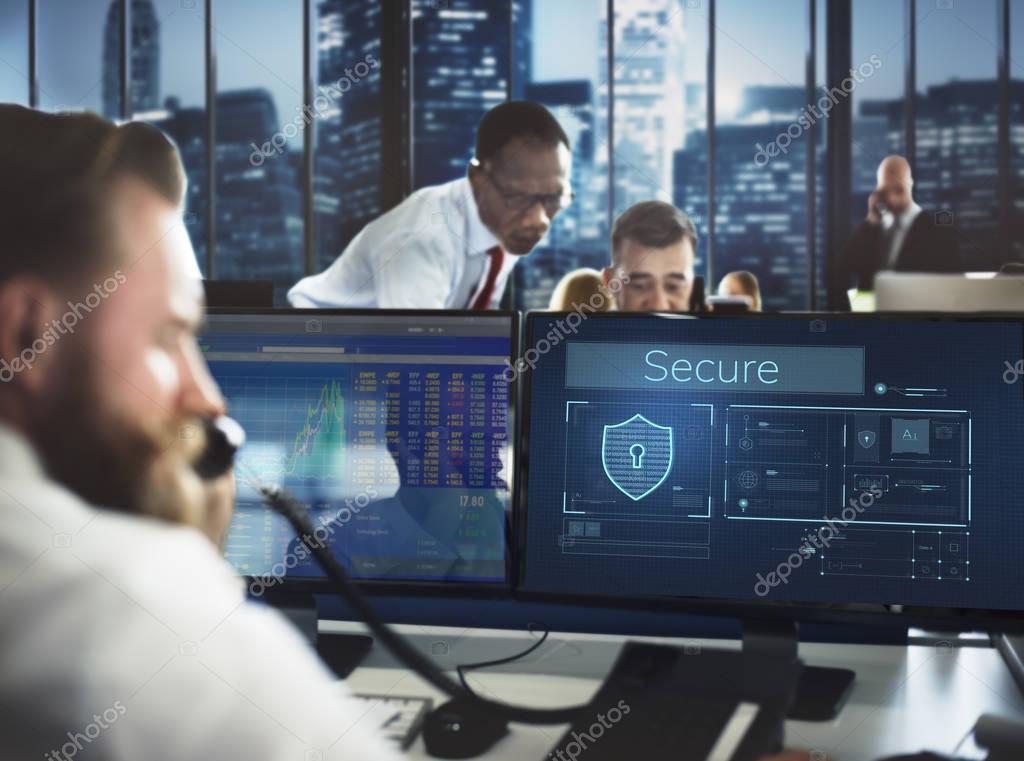 Group of business people working in office with computers and Secure