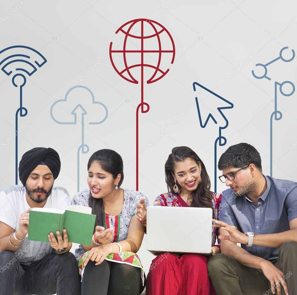 Young indian students working together, networking concept