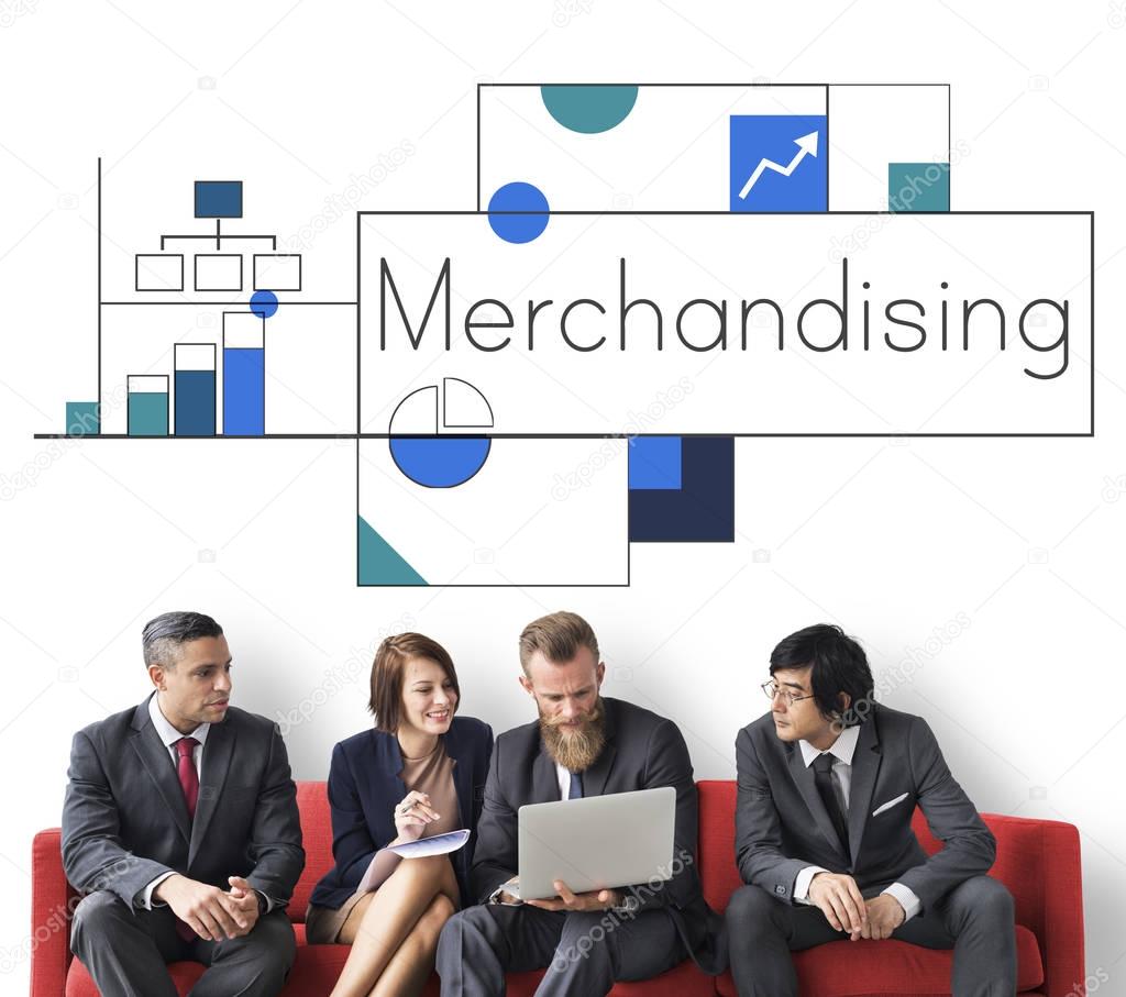 Group of business people in formal suits against lettering Merchandising concept