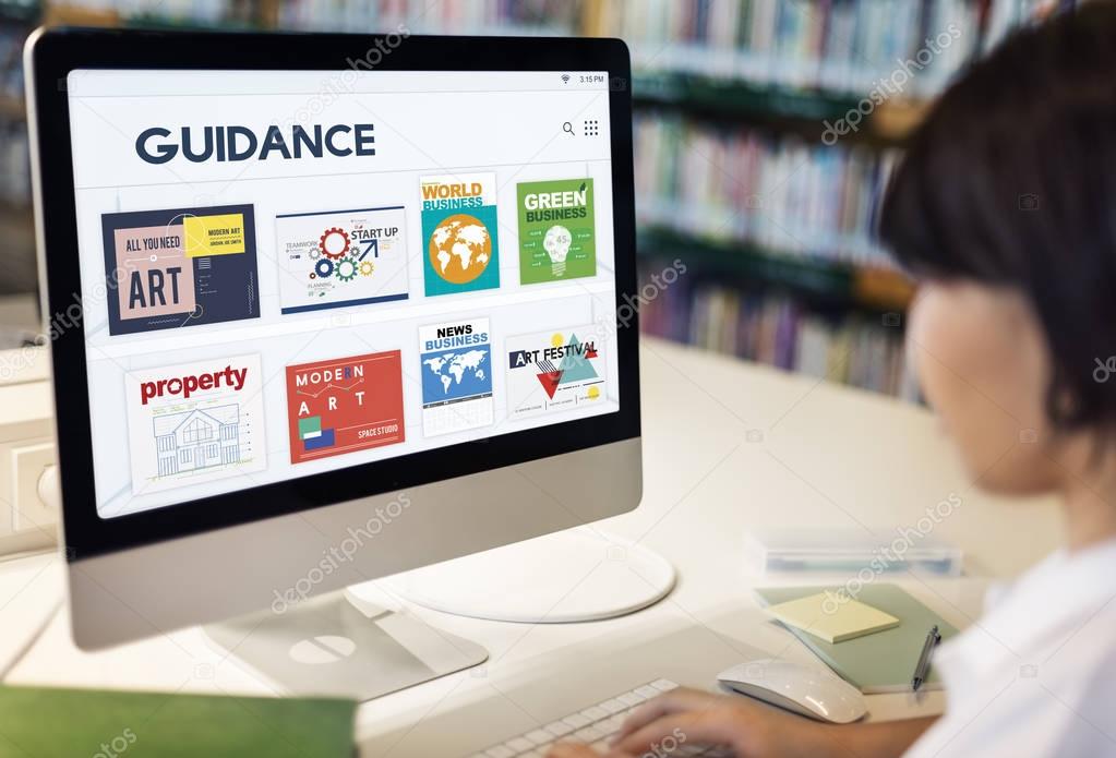 Woman typing on computer keyboard in front of monitor screen with title: Guidance