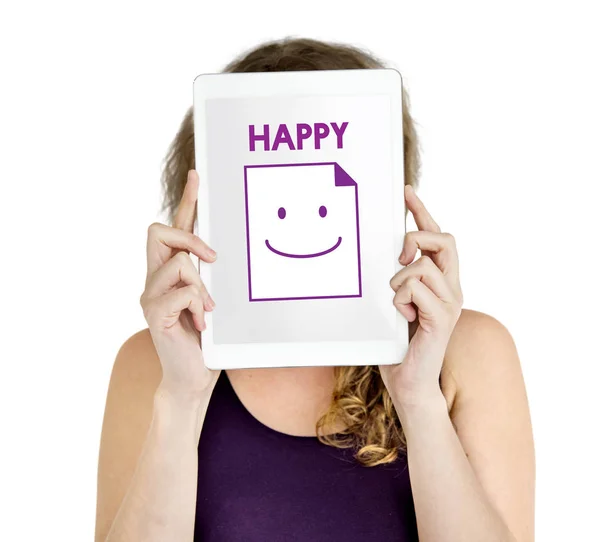 Woman holding digital tablet covering face — Stock Photo, Image