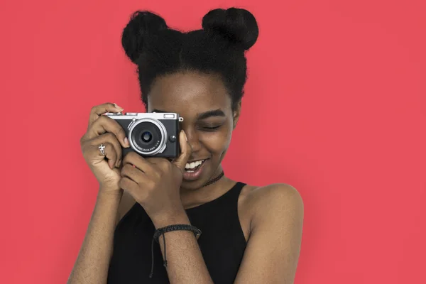 Teenage girl with photo camera — Stock Photo, Image
