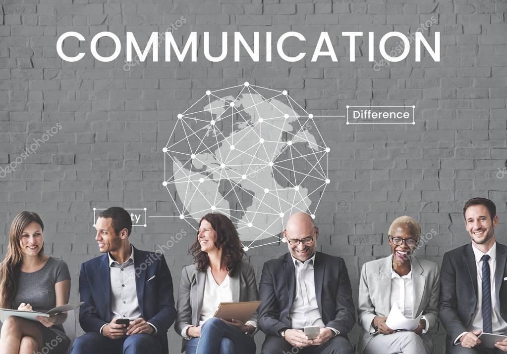 Business people in row brainstorming, white collar workers concept, text: Communication