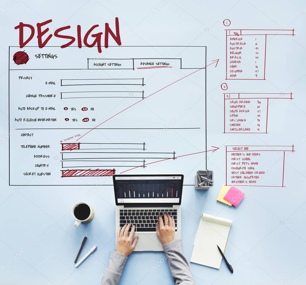 Partial view of hands, person typing on laptop keyboard, title: Design