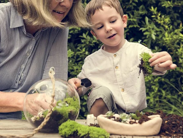Großmutter und Enkel pflanzen im Garten — Stockfoto