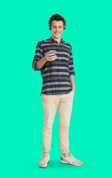 Man Smiling and using mobile — Stock Photo, Image