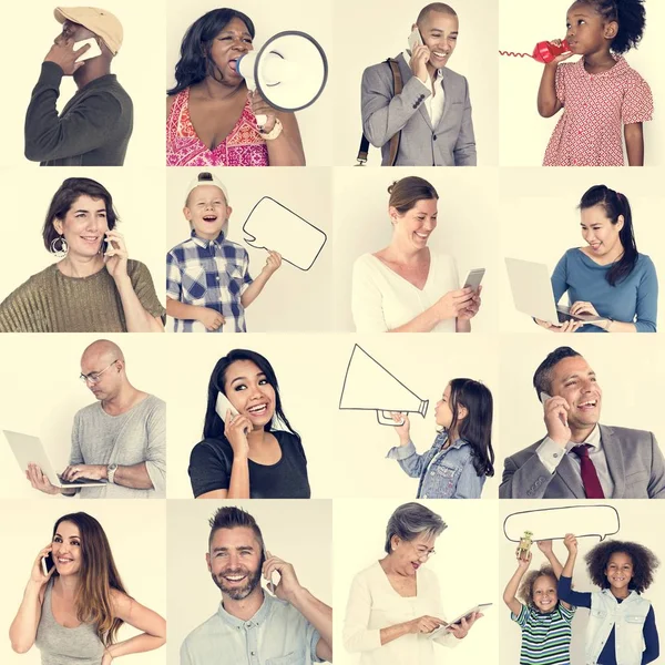 Mensen met behulp van diverse communicatietechnologieën — Stockfoto