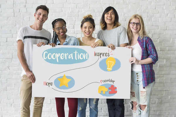 friends holding banner