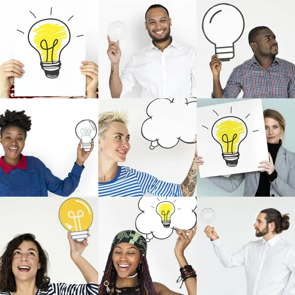 Diversity people with light bulbs — Stock Photo, Image