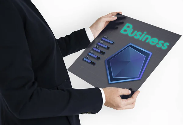 Businessman holds glass placard — Stock Photo, Image