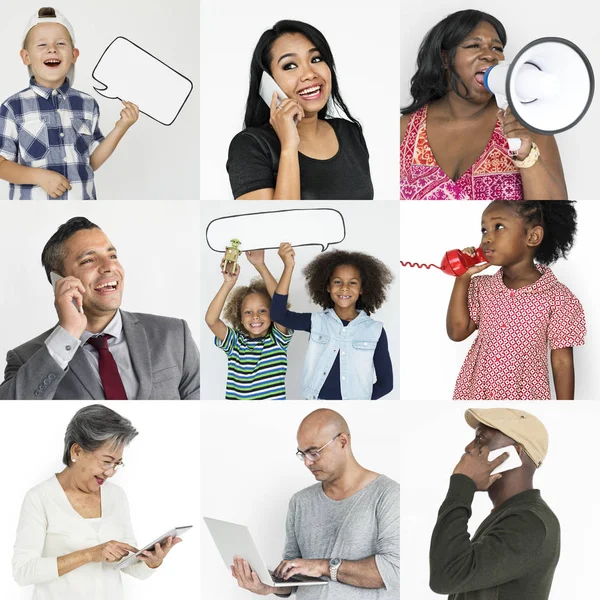 Mensen met behulp van diverse communicatietechnologieën — Stockfoto